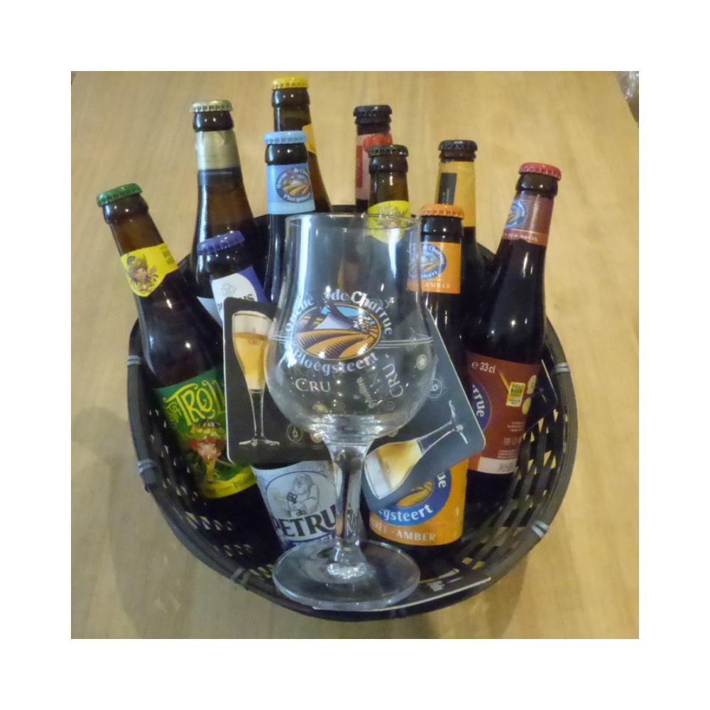 Panier de bières belges avec un verre 33cl